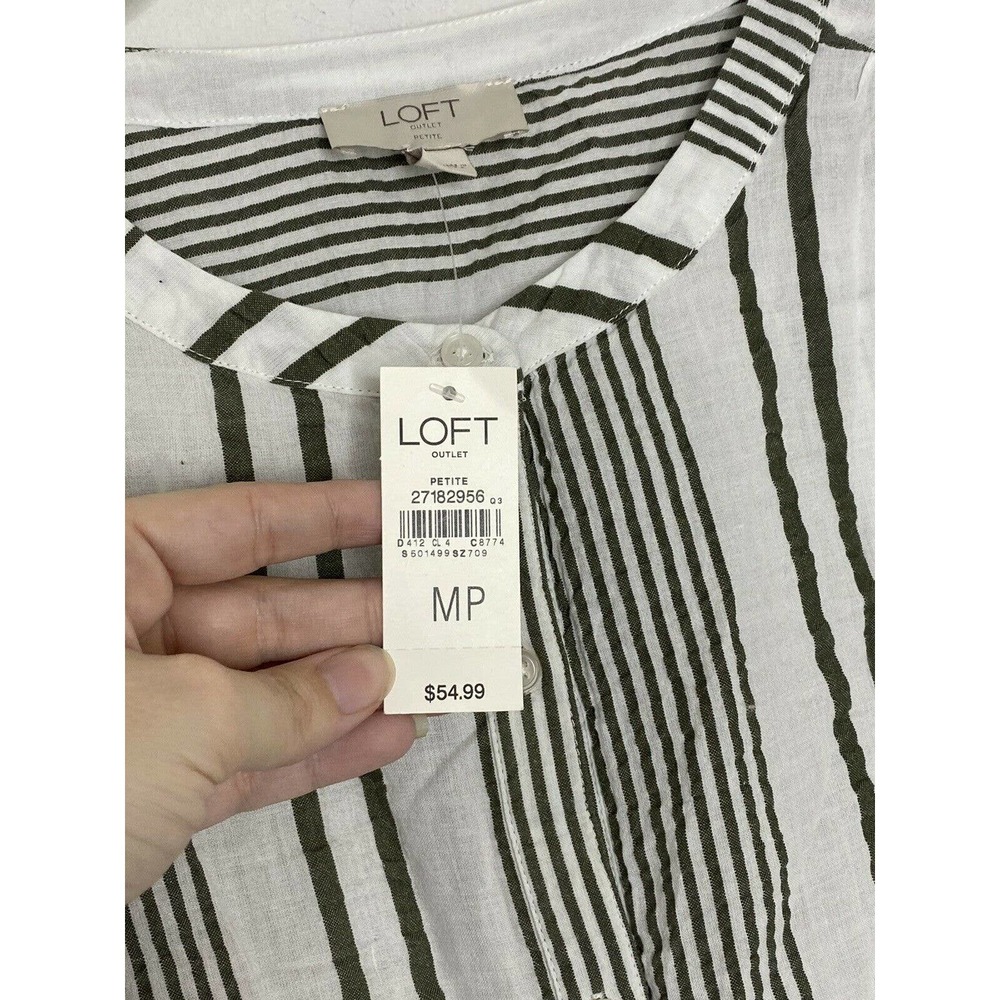 ANN TAYLOR LOFT NWT White Gray Stripe Cotton Blouse Shirt Top Size MP A2 - Picture 2 of 4